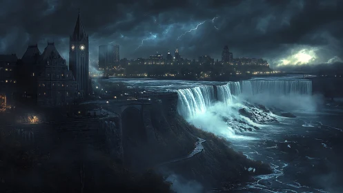 Gothic riverside citadel beside stormlit cascading falls.