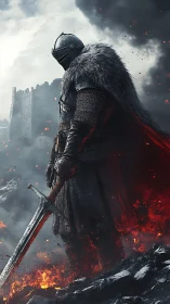 Armored knight with sword in volcanic battlefield environment.