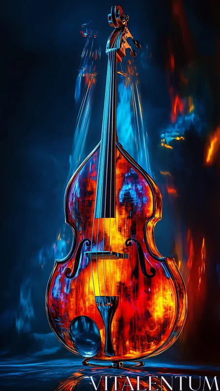 Luminous cello rendered in neon chromatic backlit environment.