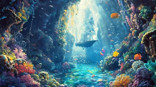 Sunken tall ship drifts through glowing coral canyon undersea.