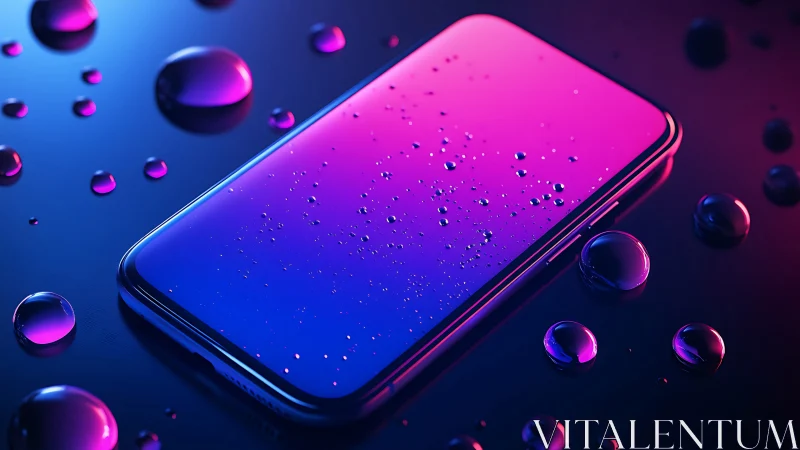 Sleek smartphone glows under neon light with water droplets