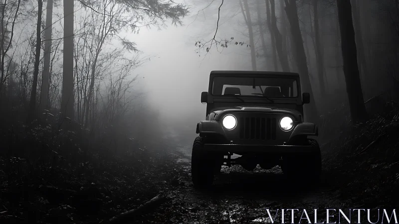 Headlights carve ghostly tunnels through a fog-drowned forest road