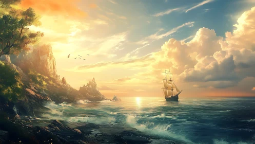 Sunlit sailing ship near rocky coastline at calm sunset.