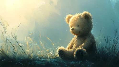 Teddy bear toy in grassy field under diffused daylight glow.