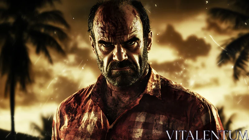 Bloodied man glares under a stormy tropical sunset sky