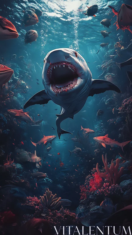 Predatory symphony of sharks swirling through neon reefs.