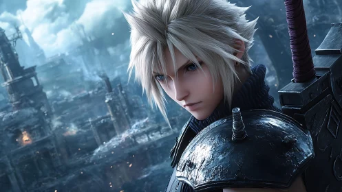 Blond warrior with sword in ruined icy cityscape scene.