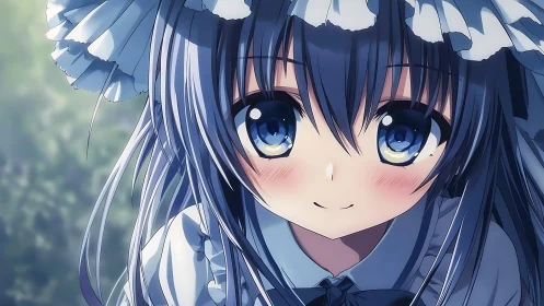 Blue-haired anime character portrait maintains direct gaze