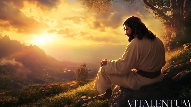 Backlit robed figure in contemplative pose over sunlit valley