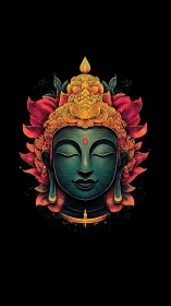 Floral crowned serenity glows in neon tinged celestial calm