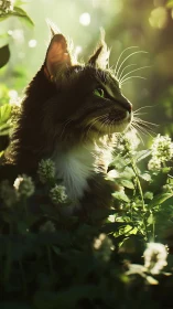 Black Cat Among White Flowers in Golden Light.
