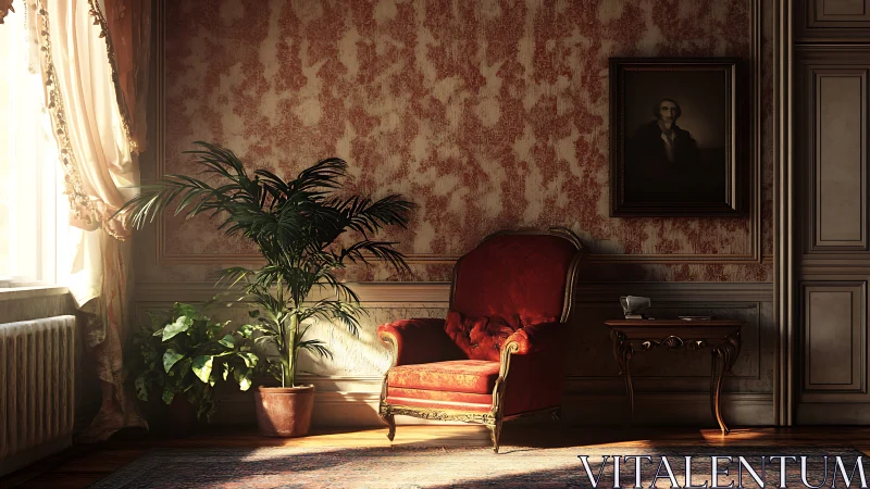 Sunlit velvet armchair crowns a nostalgic parlor corner.