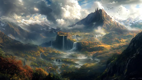 Majestic mountain realm with tiered waterfalls and misty light.