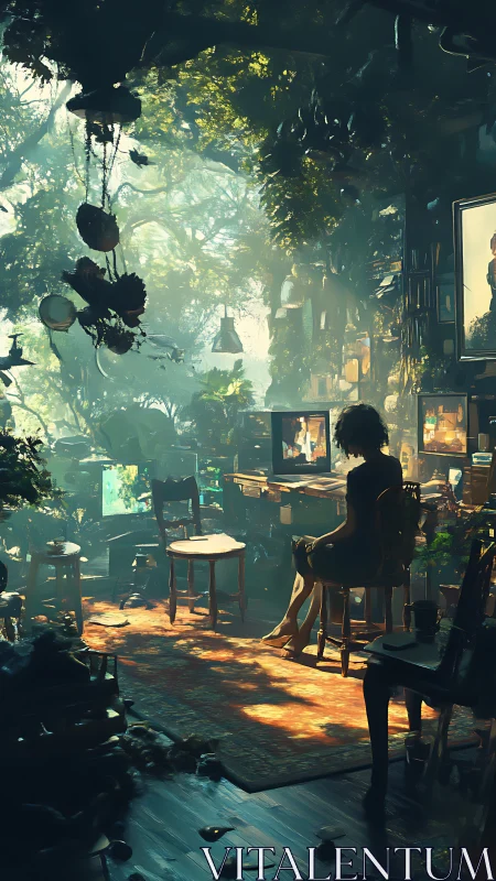 Sunlit studio nest blends digital screens with lush forest calm