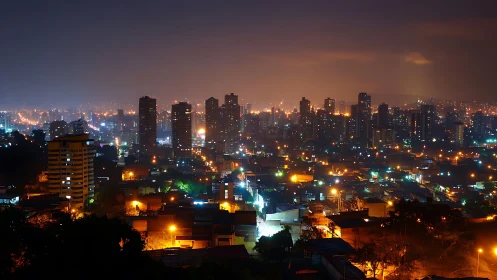 Glowing high-rise skyline over dense city blocks at night.
