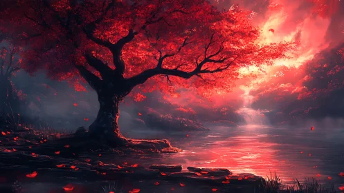 Crimson tree glows beside a tranquil waterfall at dusk
