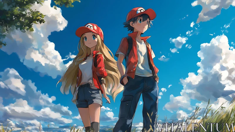 Sunlit anime duo enjoys a bright, open sky adventure day