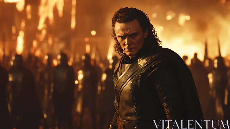 Armored figure stands before burning battlefield and soldiers