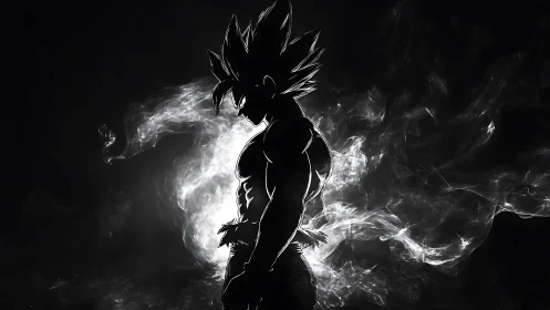 Silhouetted warrior outlined in white energy plume glow.