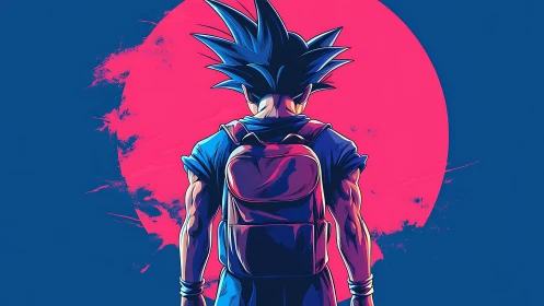 Backpack hero under neon moon, pausing before adventure.