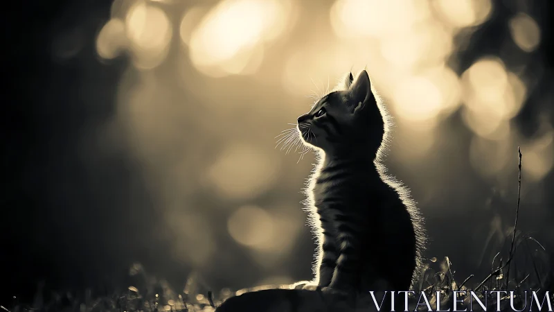 Black Kitten Gazing Upward in Golden Bokeh Light