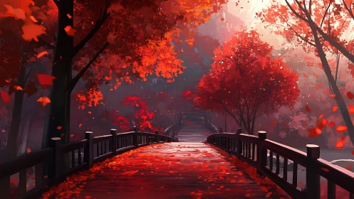 Autumn bridge glows beneath a canopy of crimson leaves.