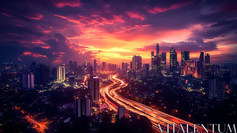 High-rise skyline under saturated sunset with long-exposure traffic