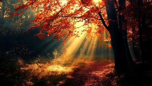 Autumn Forest Path with Sun Rays in Warm, Dreamy Style.