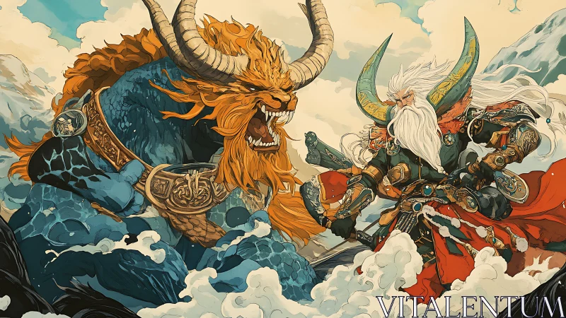 Armored warrior confronts horned beast amid turbulent waves