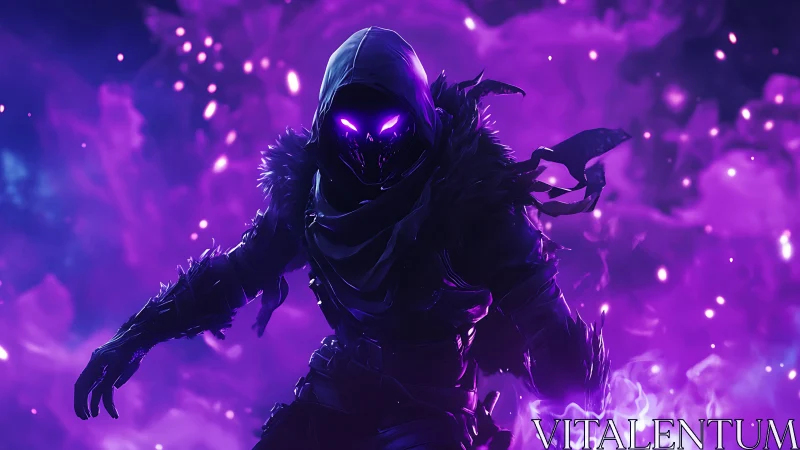 Hooded void assassin strides through swirling violet flames