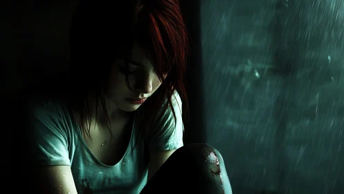 Solitary young woman sits in the rain, lost in quiet sorrow