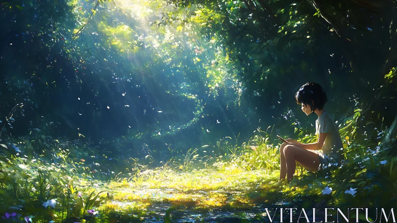 Luminous forest glade with seated youth, anime digital painting.