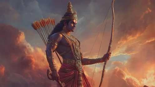 Digital rendering shows armed mythic archer against lit clouds