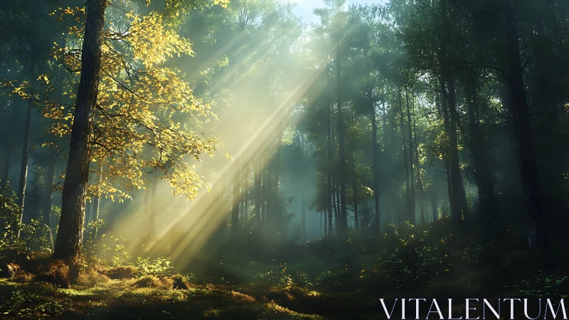 Forest landscape with diffused sunlight through trees.
