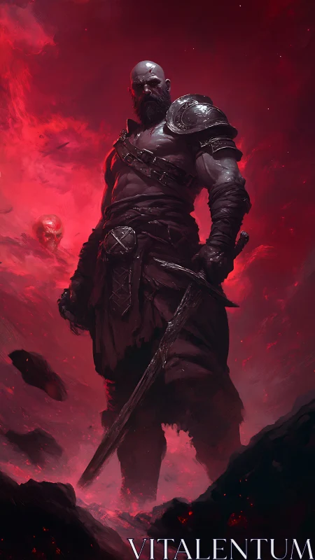 Armored warrior stands in red hellscape with drawn sword.