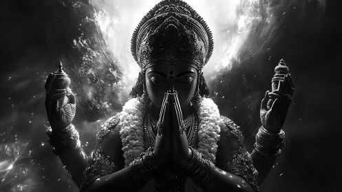 Divine multi-armed deity prays amid cosmic monochrome storm.