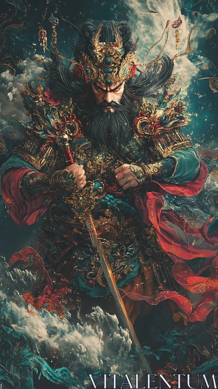 Celestial warlord descends through storm-torn cosmic seas.