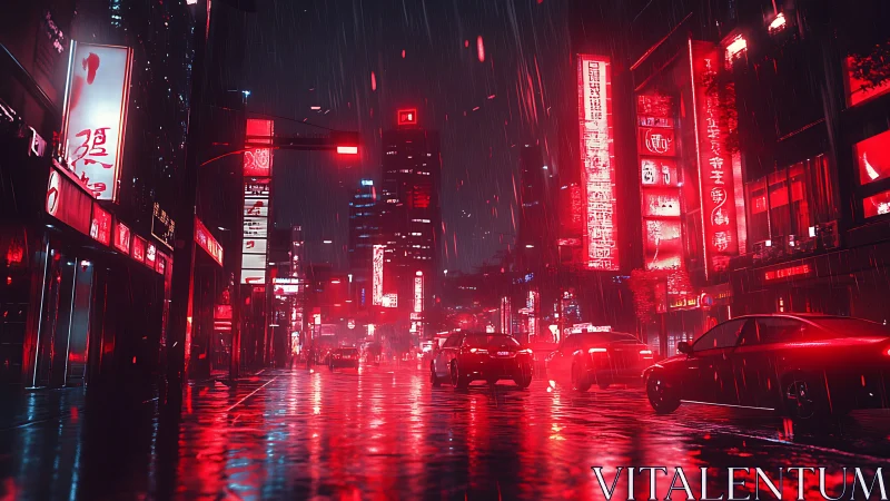 Rain-soaked neon avenue reflects red city traffic lights