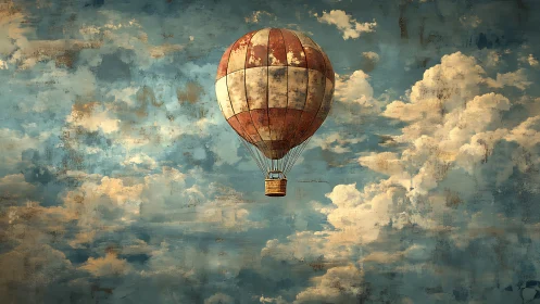 Weathered hot air balloon amid diffuse cloud field sky.