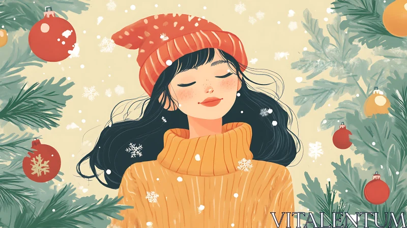 Woman in winter clothing stands among decorated fir branches