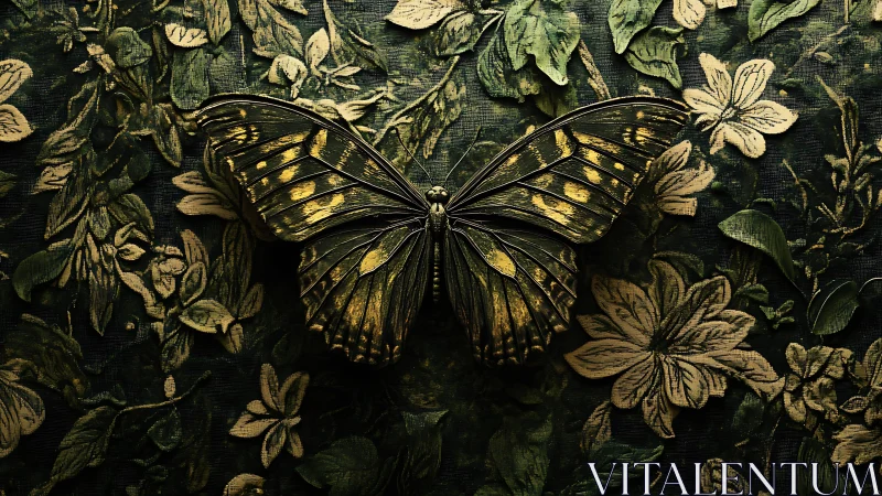 Digital painting of a gilded butterfly on embossed foliage tapestry.