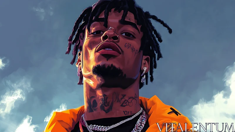 Low-angle digital portrait of tattooed man in vivid outerwear