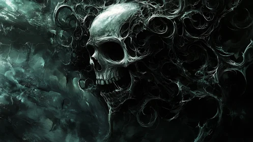 Whispering Void Skull Tangled In Stormborn Shadowfilaments.