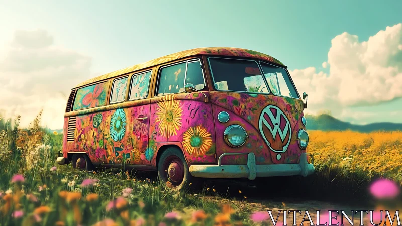 Psychedelic vintage van in sunlit wildflower meadow landscape.