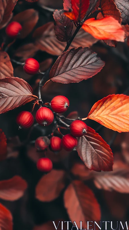 Red berries and autumn leaves fill a shallow depth scene