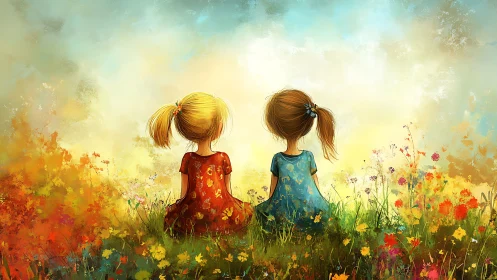 Two Young Children Sit in Wildflower Meadow with Luminous Atmospheric Perspective
