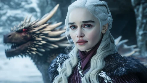 Snowy dragon guardian beside a silver haired queenly rider.