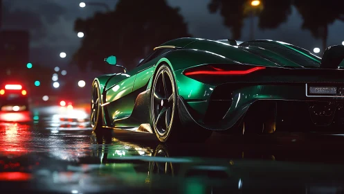 Sleek green supercar glowing across a rainy city street.