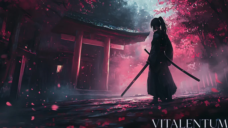 Lone samurai silhouette under crimson shrine canopy