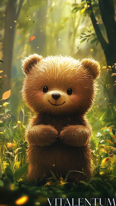 Teddy bear style creature standing in sunlit forest clearing.